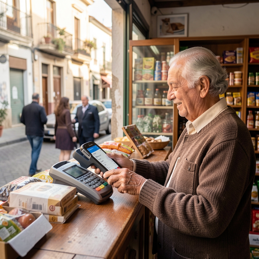Matrimonio argentino de edad avanzada utilizando una aplicación bancaria mientras paga en un comercio de barrio