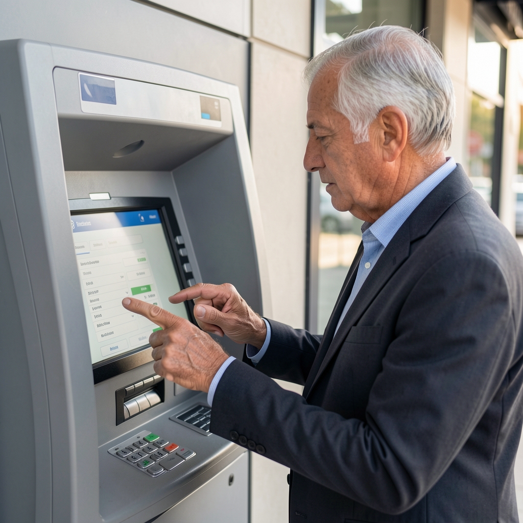 Hombre argentino mayor consultando una aplicación bancaria junto a un cajero automático moderno