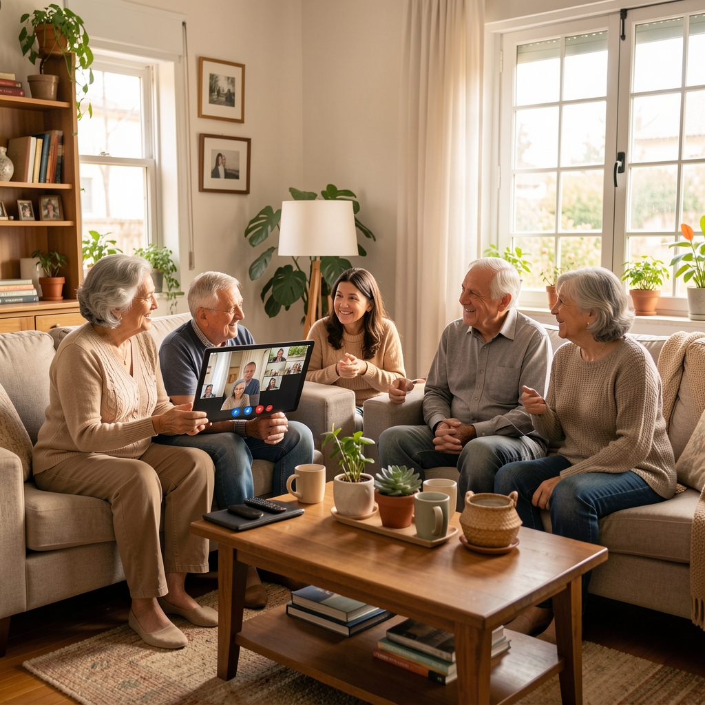 Familia argentina de tres generaciones conversando por videollamada desde una sala hogareña