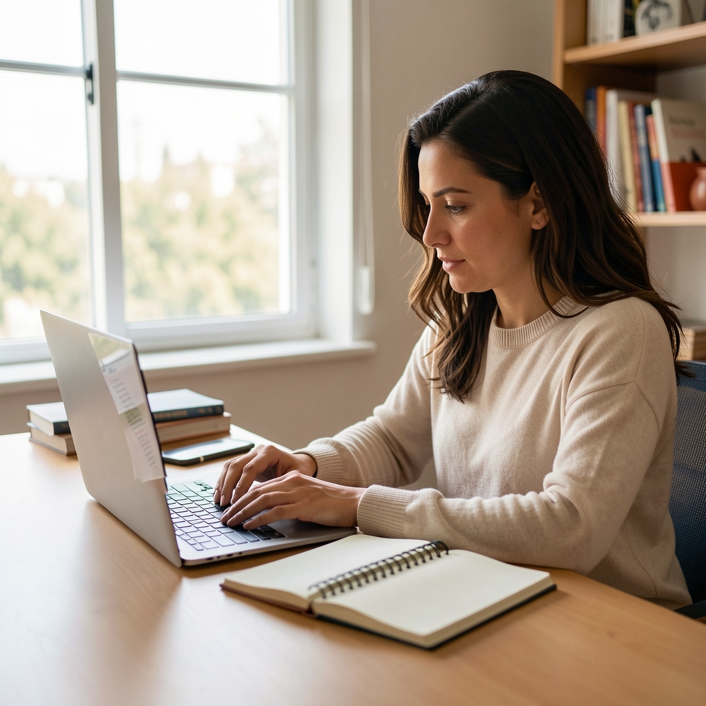 Persona argentina escribiendo una consulta editorial en una computadora portátil junto a una libreta