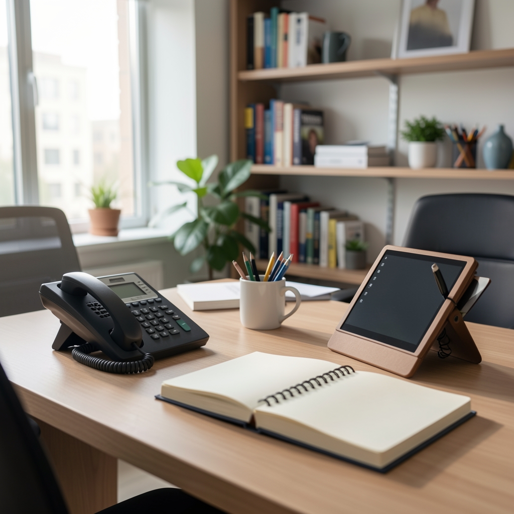 Escritorio de atención editorial con teléfono y cuaderno en una oficina de Buenos Aires