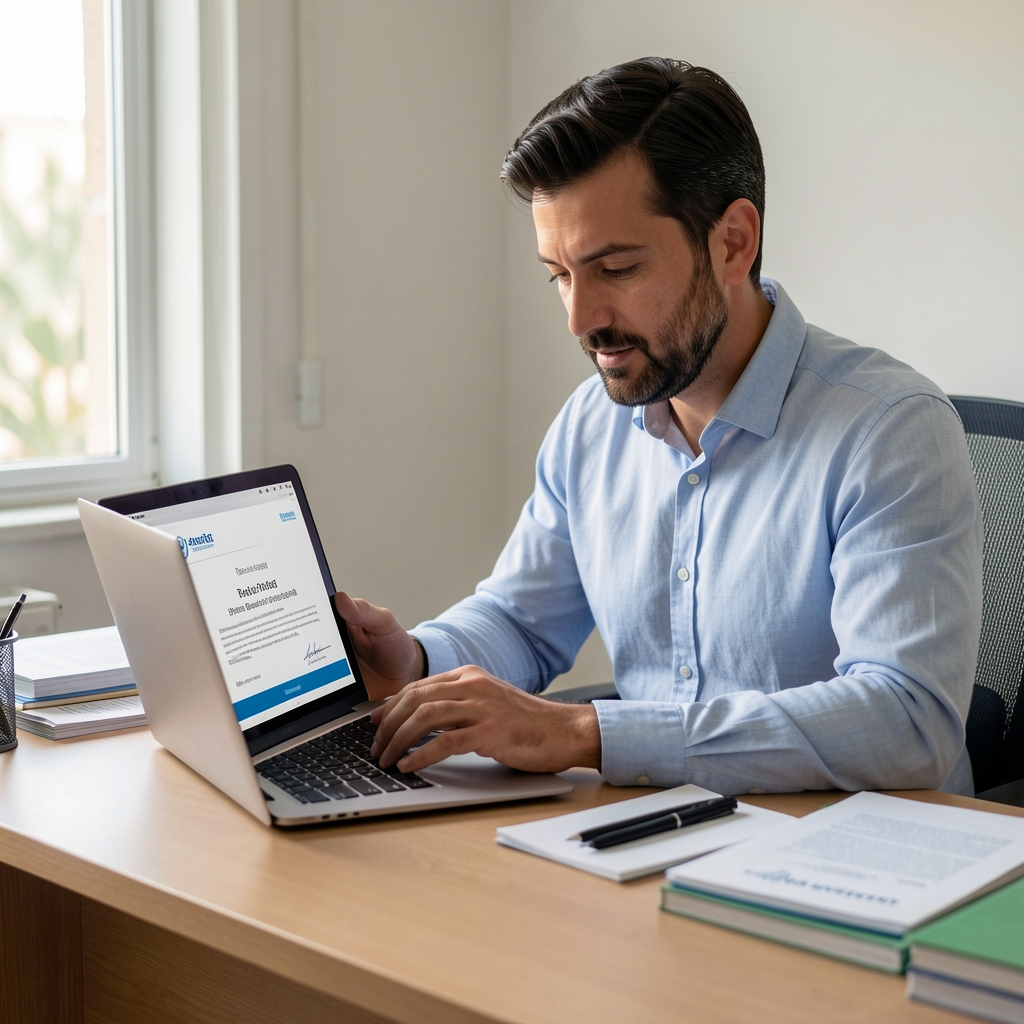 Adulto argentino revisando un certificado digital en una notebook sobre un escritorio ordenado