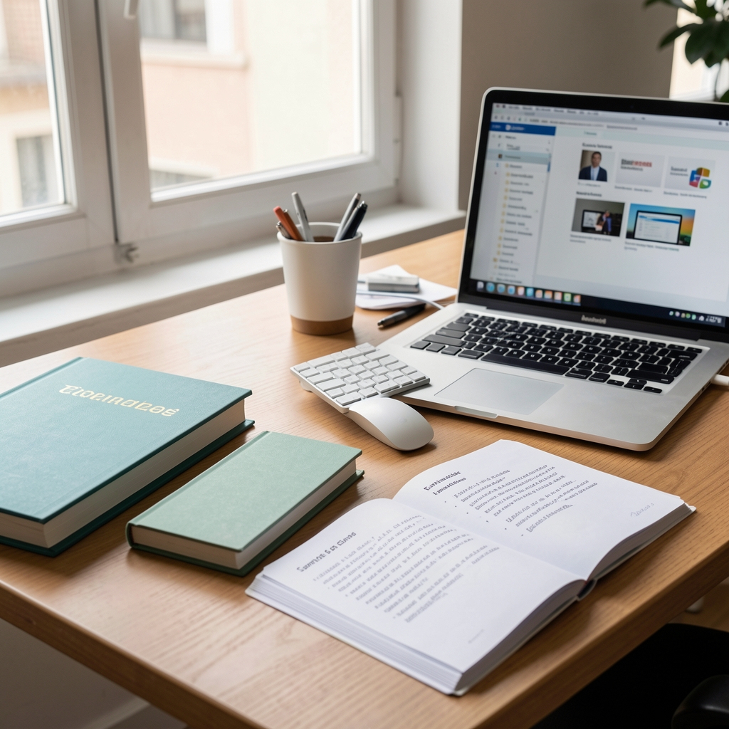Mesa editorial argentina con cuadernos, computadora y notas sobre servicios digitales