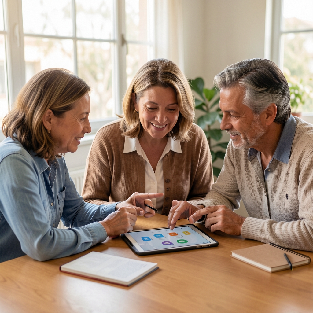 Tres generaciones argentinas reunidas alrededor de una tableta y conversando sobre una aplicación