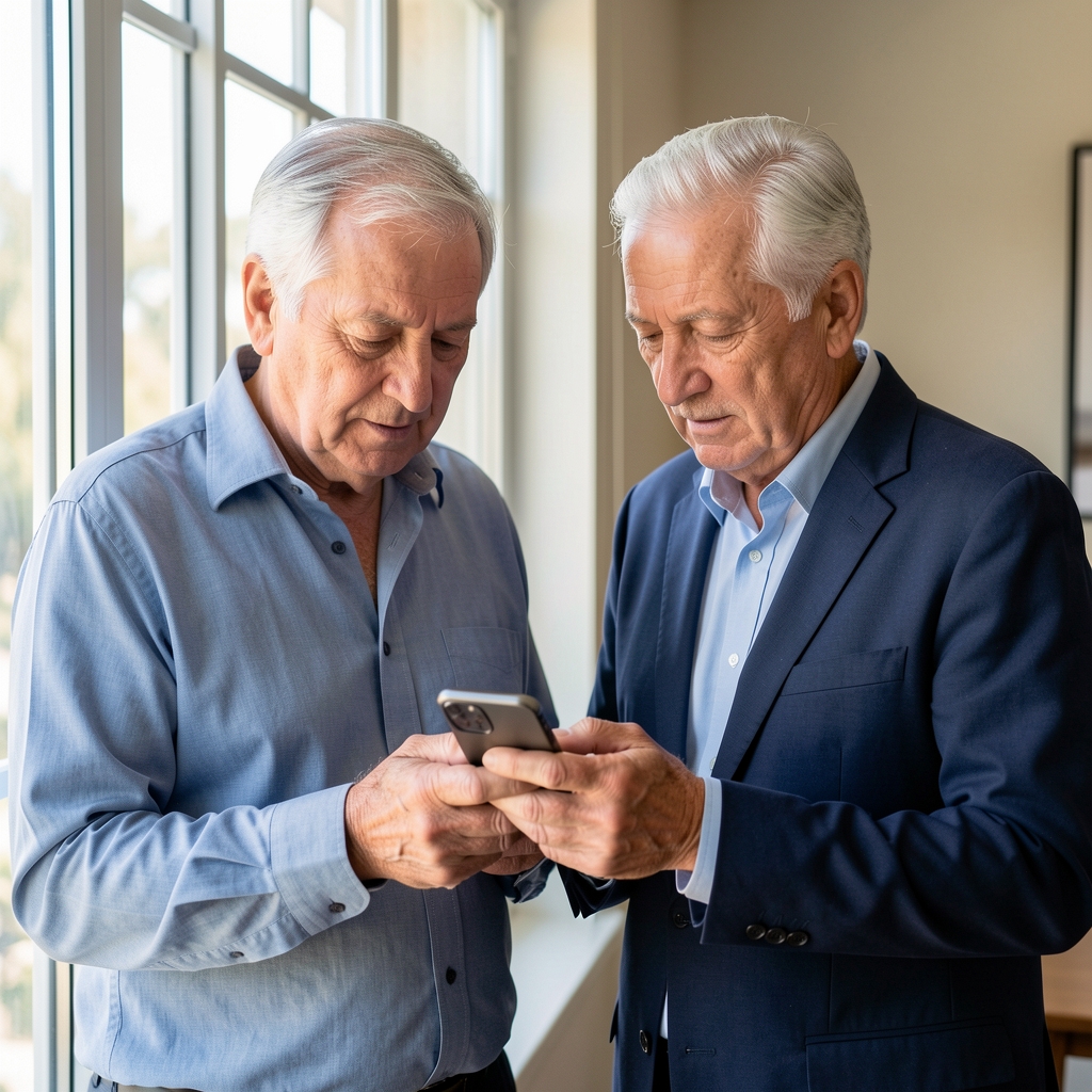 Pareja de adultos mayores argentinos consultando un teléfono inteligente junto a una ventana luminosa en Buenos Aires