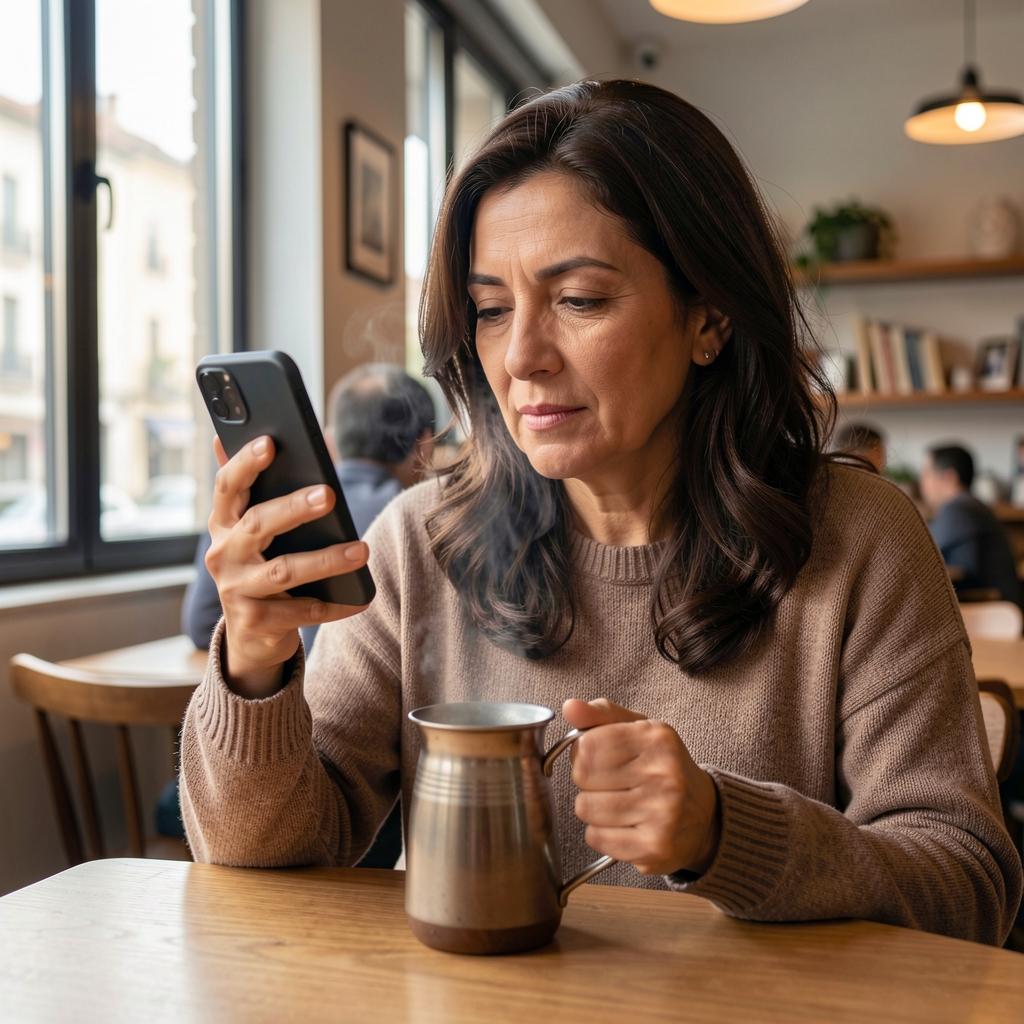 Mujer argentina mayor leyendo un mensaje de voz en su teléfono mientras toma mate