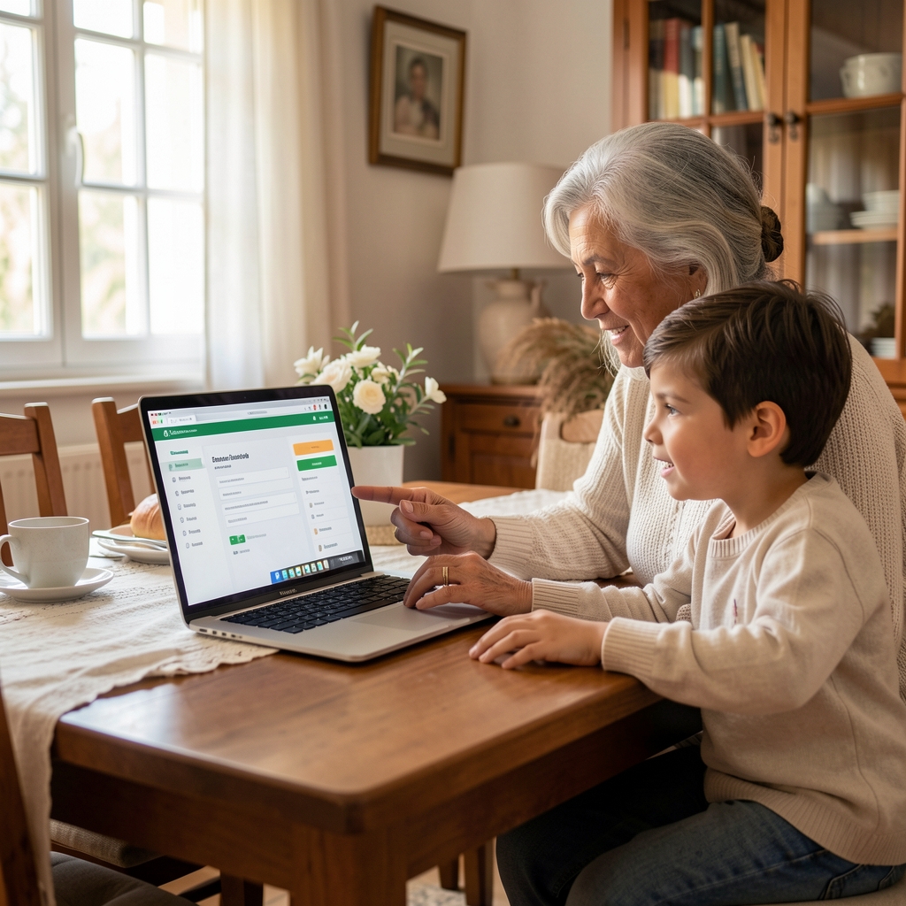 Abuela argentina y nieto revisando juntos una pantalla de trámites digitales en una mesa de comedor familiar