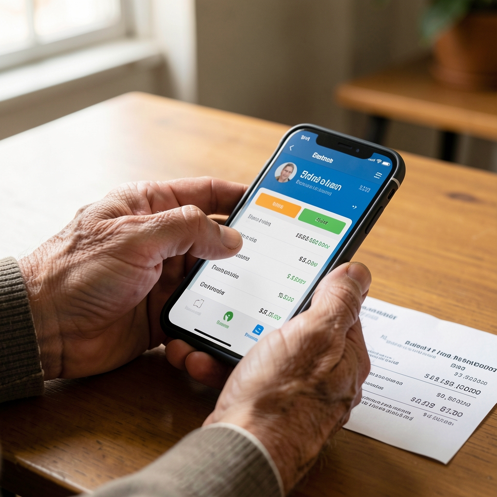 Manos de una persona mayor argentina verificando un pago digital en su teléfono junto a un comprobante impreso