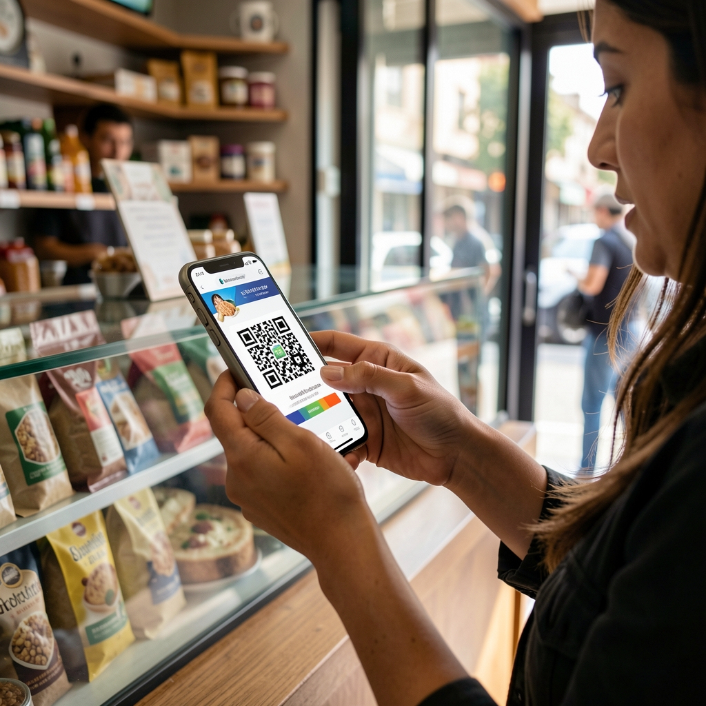 Manos de una mujer argentina acercando un teléfono a un código QR en un comercio local