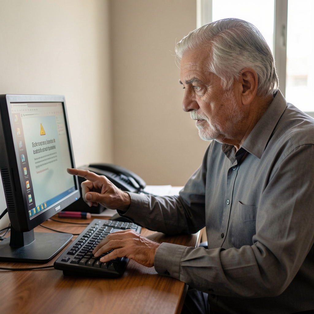Adulto argentino mayor comprobando una alerta de seguridad en su computadora con atención