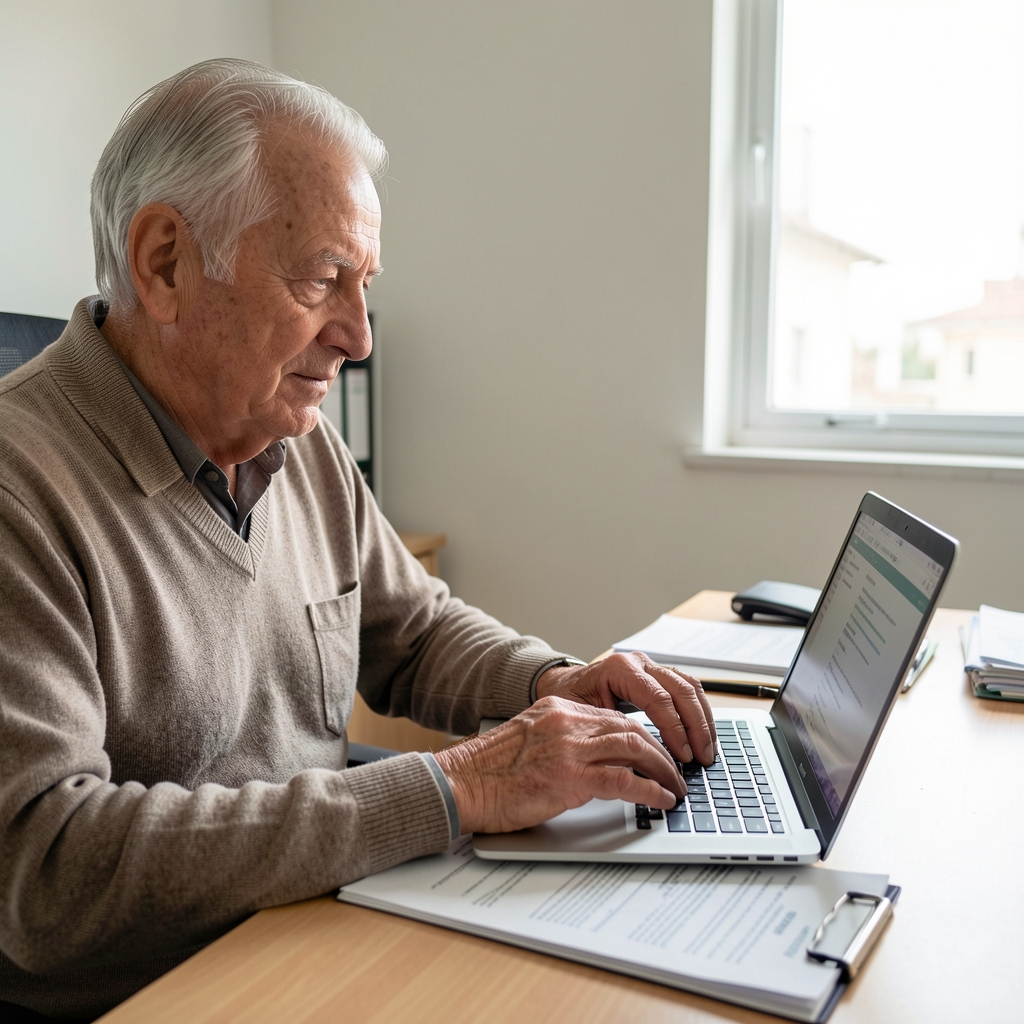 Adulto mayor argentino organizando turnos médicos y documentos en una computadora portátil